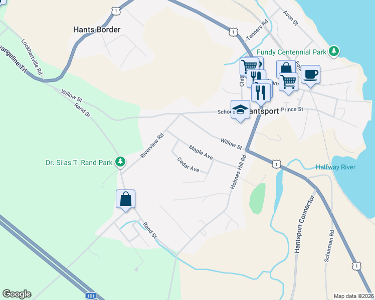 map of restaurants, bars, coffee shops, grocery stores, and more near 25 Maple Avenue in Hantsport