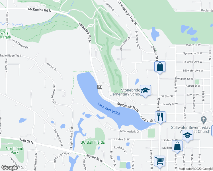 map of restaurants, bars, coffee shops, grocery stores, and more near 910 Towne Circle in Stillwater