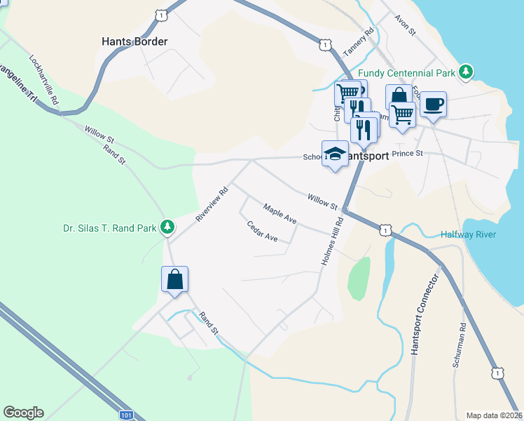 map of restaurants, bars, coffee shops, grocery stores, and more near 25 Maple Avenue in Hantsport
