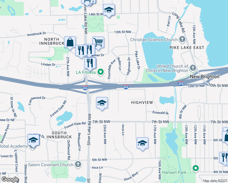 map of restaurants, bars, coffee shops, grocery stores, and more near 2219 Highway 10 in Mounds View