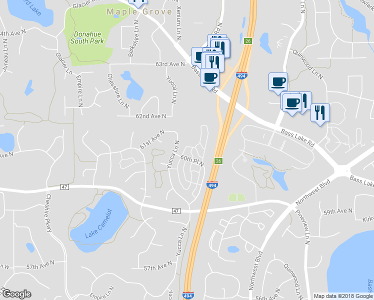 map of restaurants, bars, coffee shops, grocery stores, and more near 13480 60th Place North in Plymouth