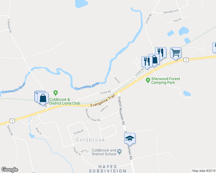 map of restaurants, bars, coffee shops, grocery stores, and more near 2753 Lovett Road in Coldbrook