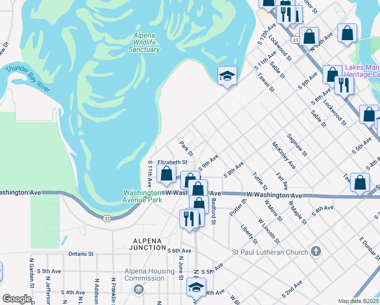 map of restaurants, bars, coffee shops, grocery stores, and more near Park Street in Alpena