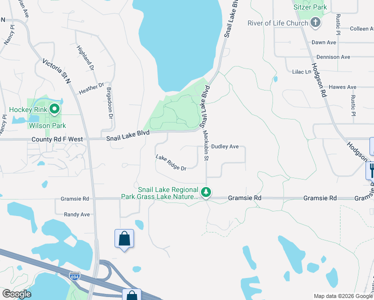 map of restaurants, bars, coffee shops, grocery stores, and more near 545 Lake Ridge Drive in Shoreview