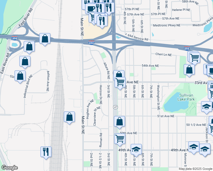 map of restaurants, bars, coffee shops, grocery stores, and more near 305 53rd Avenue Northeast in Minneapolis