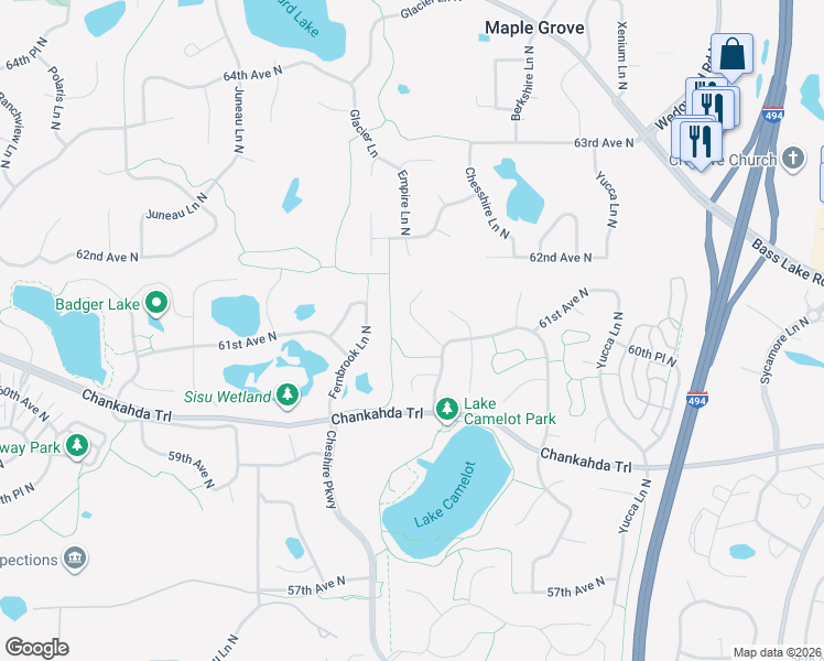 map of restaurants, bars, coffee shops, grocery stores, and more near 6130 Dallas Lane North in Plymouth