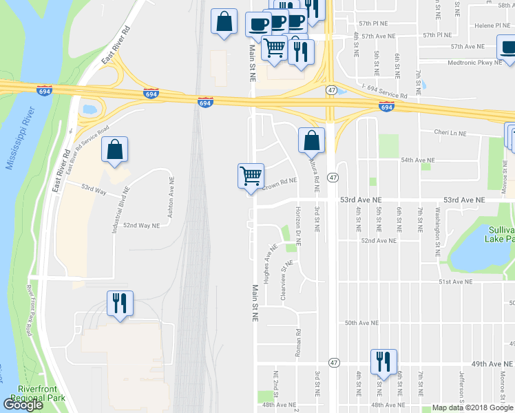 map of restaurants, bars, coffee shops, grocery stores, and more near 105 53rd Avenue Northeast in Fridley