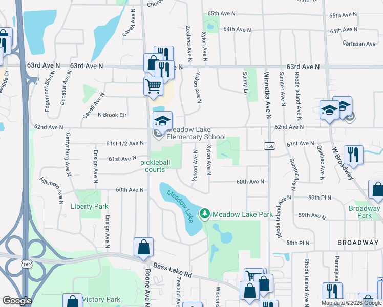map of restaurants, bars, coffee shops, grocery stores, and more near 6081 Yukon Avenue North in Minneapolis
