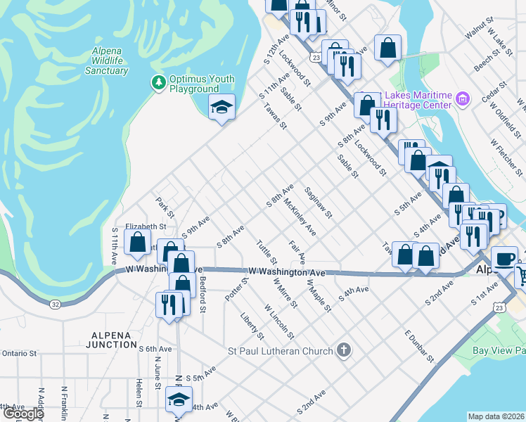 map of restaurants, bars, coffee shops, grocery stores, and more near 699 S 8th Ave in Alpena