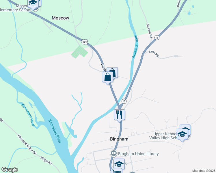 map of restaurants, bars, coffee shops, grocery stores, and more near 406 Main Street in Bingham