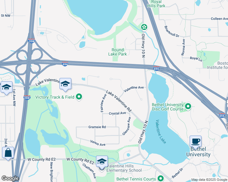 map of restaurants, bars, coffee shops, grocery stores, and more near 4075 Valentine Crest Road in Arden Hills