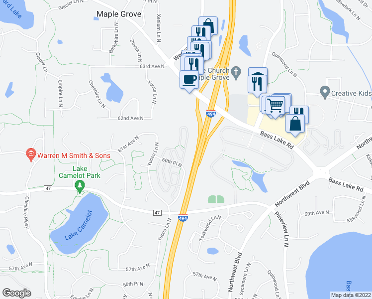 map of restaurants, bars, coffee shops, grocery stores, and more near 13400 60th Place North in Minneapolis