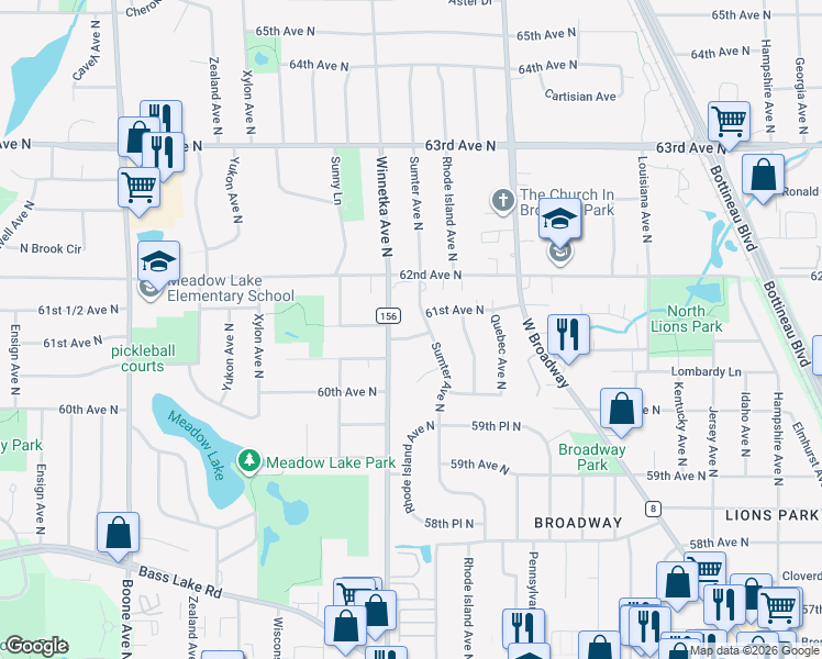 map of restaurants, bars, coffee shops, grocery stores, and more near 6109 Sumter Avenue North in Minneapolis