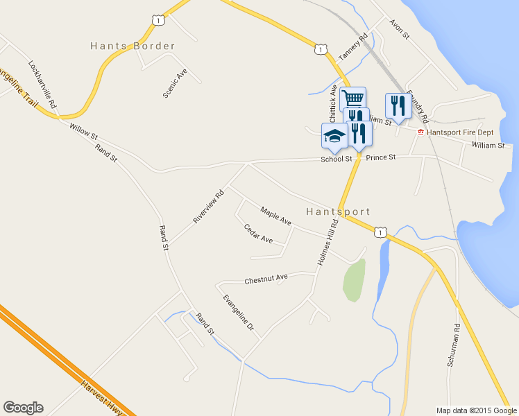 map of restaurants, bars, coffee shops, grocery stores, and more near 25 Maple Avenue in Hantsport