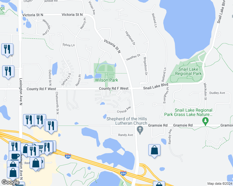 map of restaurants, bars, coffee shops, grocery stores, and more near 750 County Road F West in Shoreview