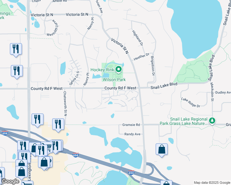 map of restaurants, bars, coffee shops, grocery stores, and more near 4036 Wilshire Circle in Shoreview