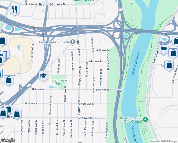 map of restaurants, bars, coffee shops, grocery stores, and more near 6019 North Colfax Avenue in Minneapolis
