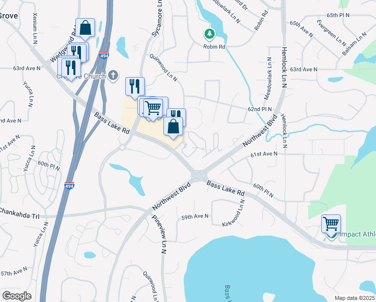 map of restaurants, bars, coffee shops, grocery stores, and more near 6110 Quinwood Lane North in Plymouth