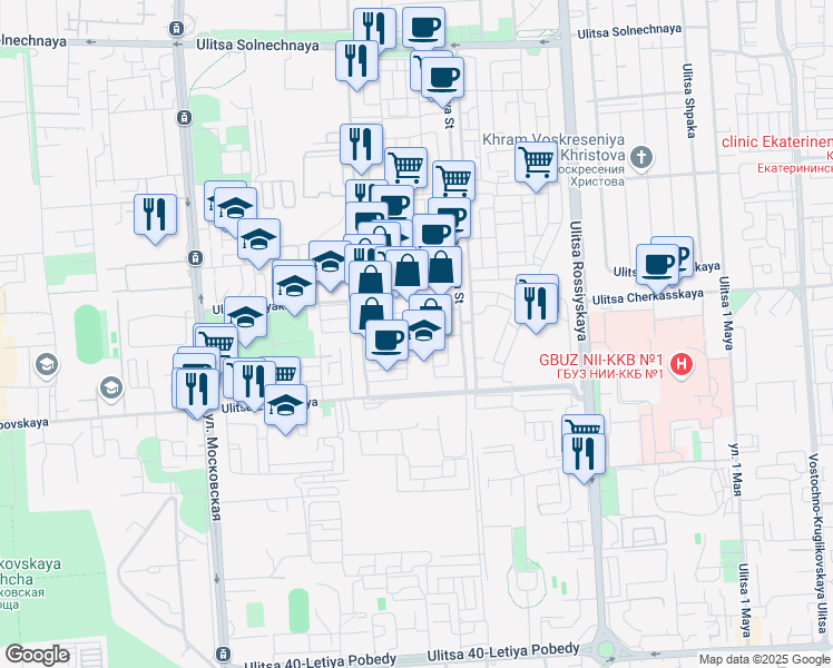 map of restaurants, bars, coffee shops, grocery stores, and more near in Krasnodar