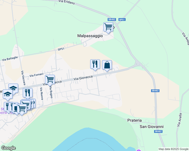 map of restaurants, bars, coffee shops, grocery stores, and more near 934 Via Eridano in Bergantino