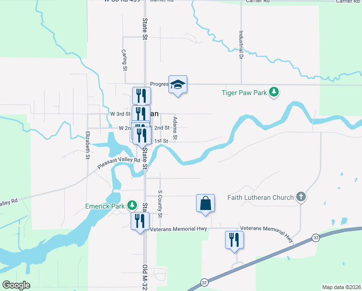 map of restaurants, bars, coffee shops, grocery stores, and more near 303 1st Street in Hillman