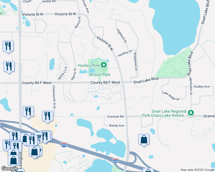 map of restaurants, bars, coffee shops, grocery stores, and more near 750 County Road F West in Shoreview