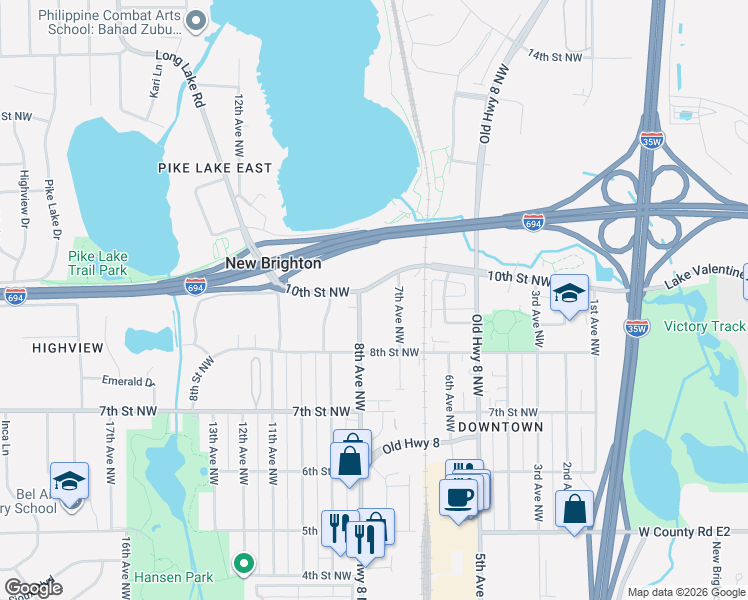 map of restaurants, bars, coffee shops, grocery stores, and more near 741 10th Street Northwest in New Brighton