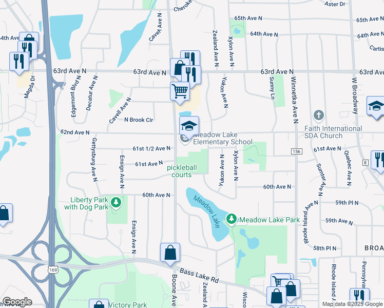 map of restaurants, bars, coffee shops, grocery stores, and more near 8525 62nd Avenue North in Minneapolis