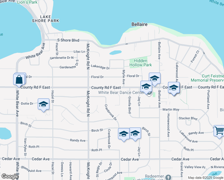 map of restaurants, bars, coffee shops, grocery stores, and more near 4071 Lakehill Circle in White Bear Lake