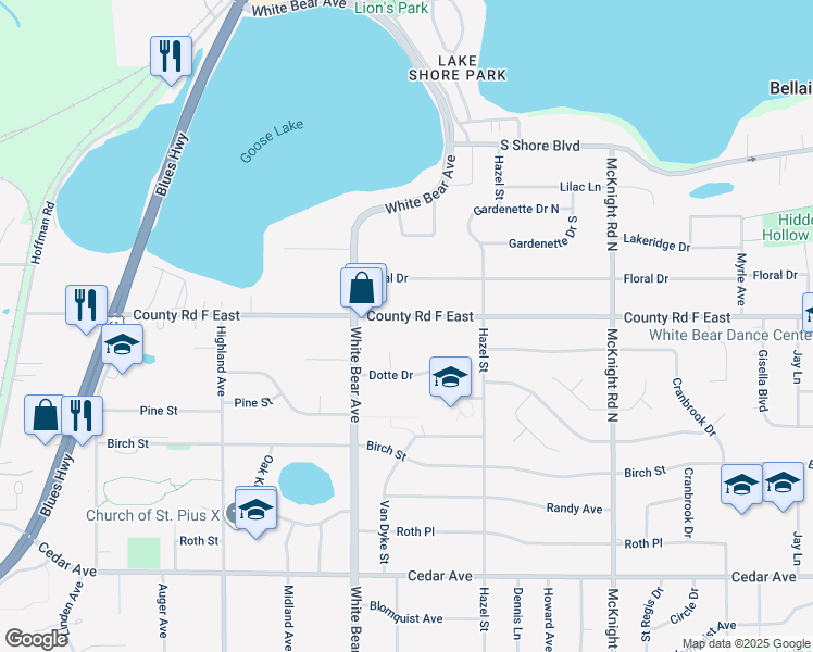 map of restaurants, bars, coffee shops, grocery stores, and more near 2070 County Road F East in White Bear Lake