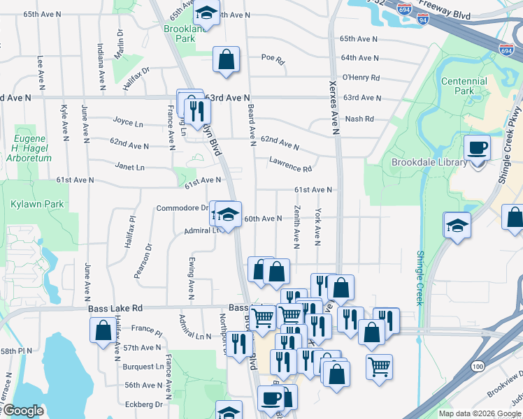 map of restaurants, bars, coffee shops, grocery stores, and more near 6006 Beard Avenue North in Minneapolis