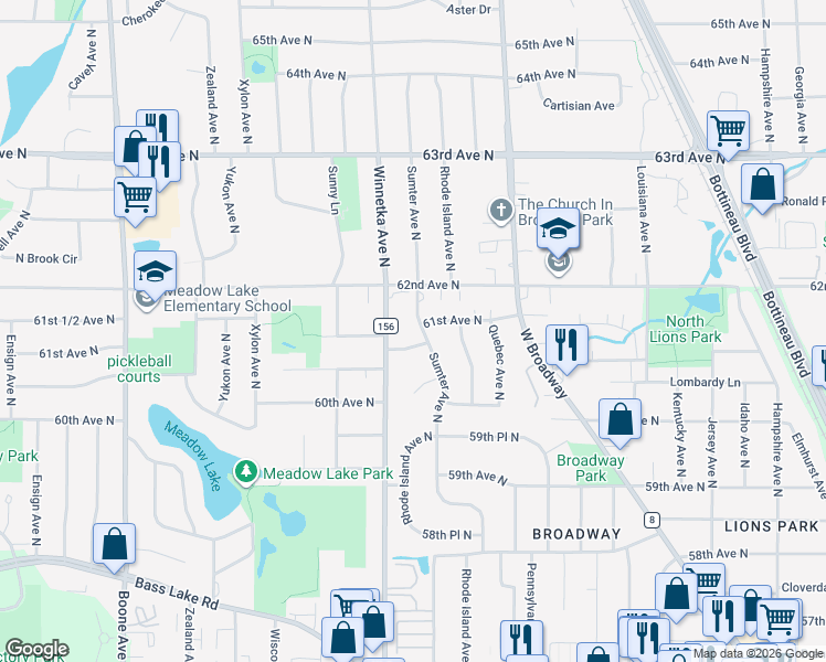map of restaurants, bars, coffee shops, grocery stores, and more near 6109 Sumter Avenue North in Minneapolis