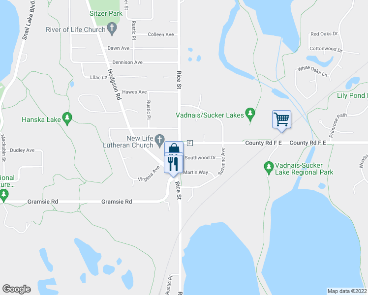 map of restaurants, bars, coffee shops, grocery stores, and more near 130 County Road F in Saint Paul