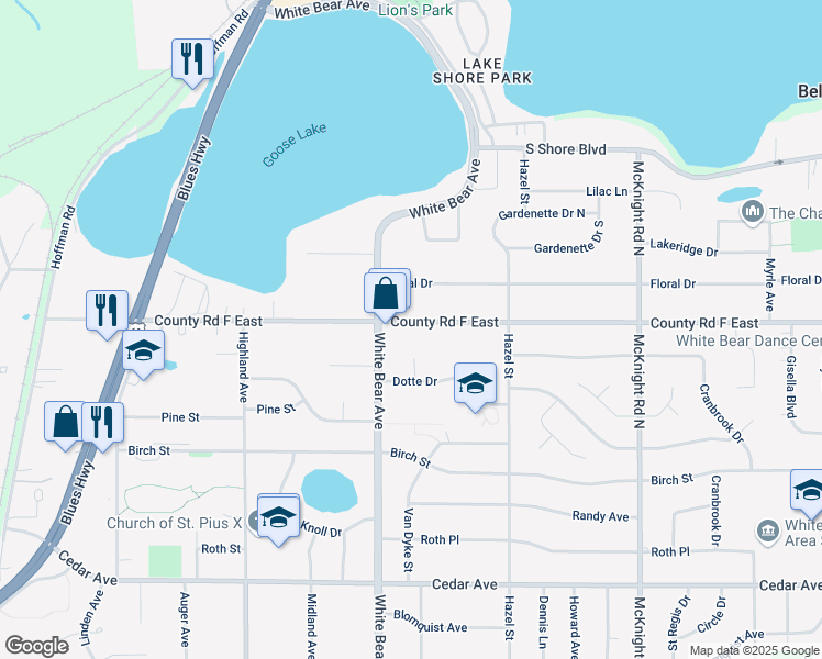 map of restaurants, bars, coffee shops, grocery stores, and more near 2070 County Road F East in White Bear Lake