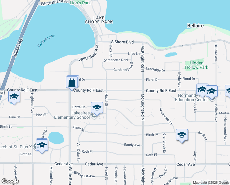 map of restaurants, bars, coffee shops, grocery stores, and more near 2168 County Road F East in White Bear Lake
