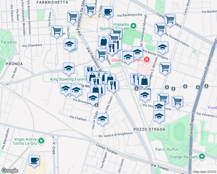 map of restaurants, bars, coffee shops, grocery stores, and more near 136-138 Via Francesco De Sanctis in Torino