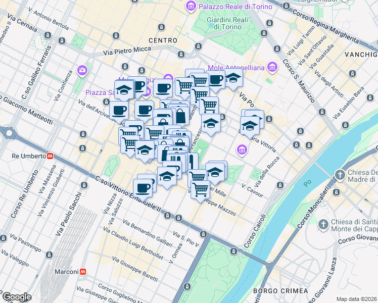 map of restaurants, bars, coffee shops, grocery stores, and more near 28 Via San Francesco da Paola in Torino