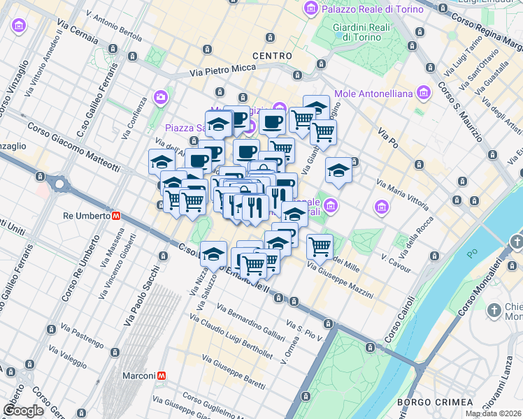 map of restaurants, bars, coffee shops, grocery stores, and more near 28 Via Carlo Alberto in Turin
