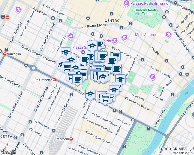 map of restaurants, bars, coffee shops, grocery stores, and more near 10 Via Piero Gobetti in Turin