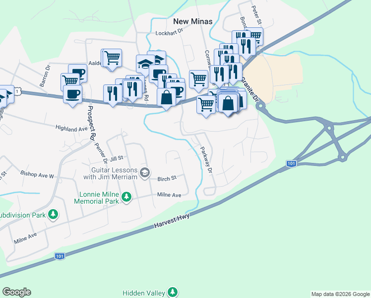 map of restaurants, bars, coffee shops, grocery stores, and more near 24 Frontier Drive in New Minas