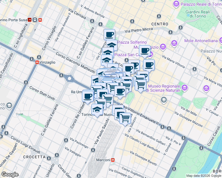 map of restaurants, bars, coffee shops, grocery stores, and more near 38 Via dell'Arsenale in Torino