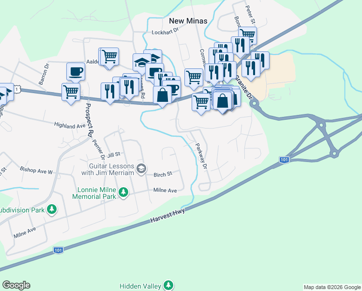 map of restaurants, bars, coffee shops, grocery stores, and more near 24 Frontier Drive in New Minas
