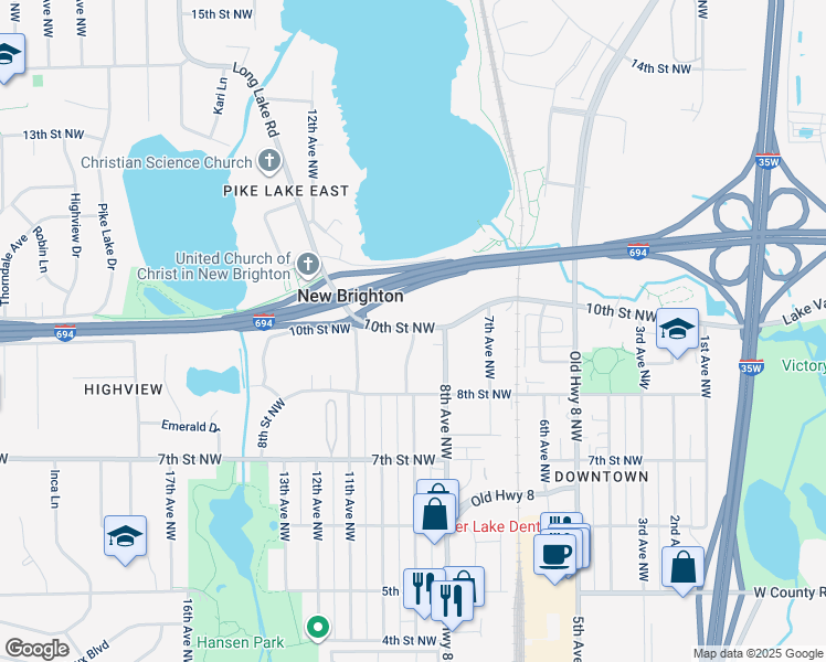 map of restaurants, bars, coffee shops, grocery stores, and more near 990 9th Avenue Northwest in New Brighton