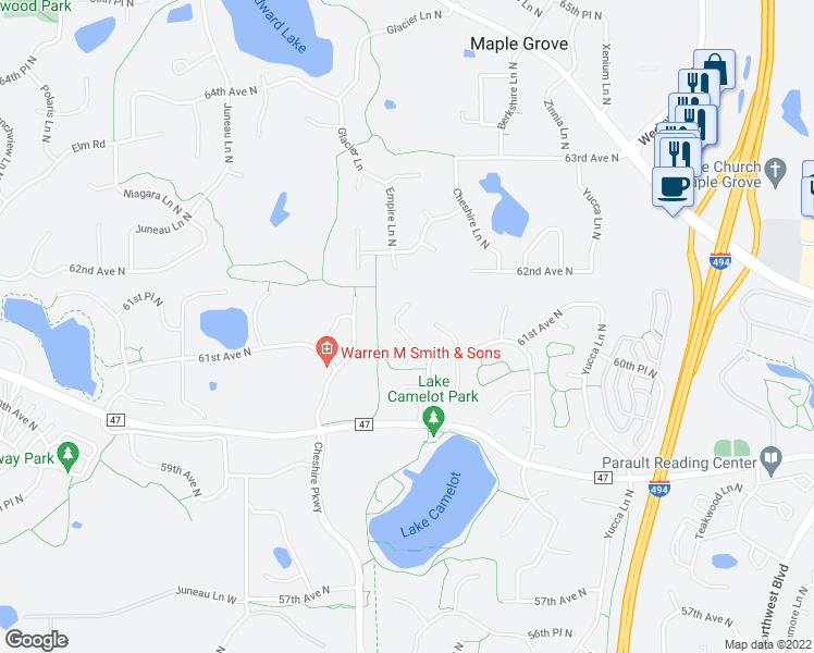 map of restaurants, bars, coffee shops, grocery stores, and more near 6130 Dallas Lane North in Plymouth