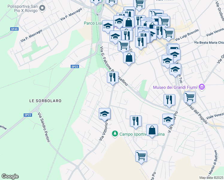 map of restaurants, bars, coffee shops, grocery stores, and more near 18 Via Vittorio Veneto in Rovigo