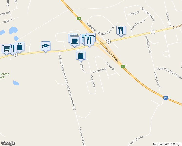 map of restaurants, bars, coffee shops, grocery stores, and more near 1518 Meghan Drive in Coldbrook