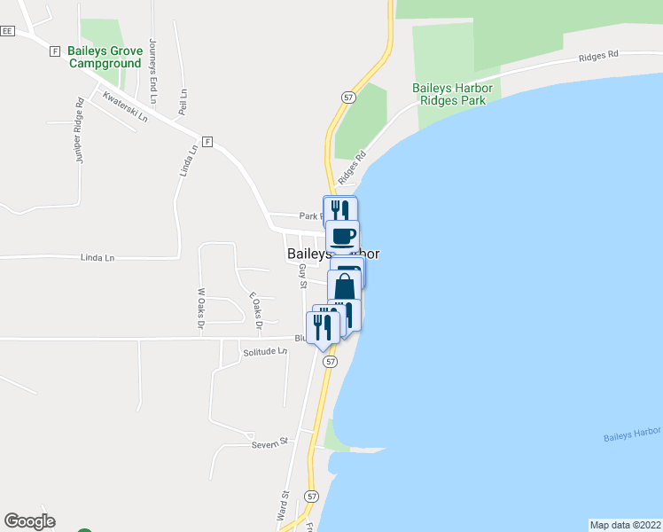 map of restaurants, bars, coffee shops, grocery stores, and more near 8099 Sth 57 in Baileys Harbor