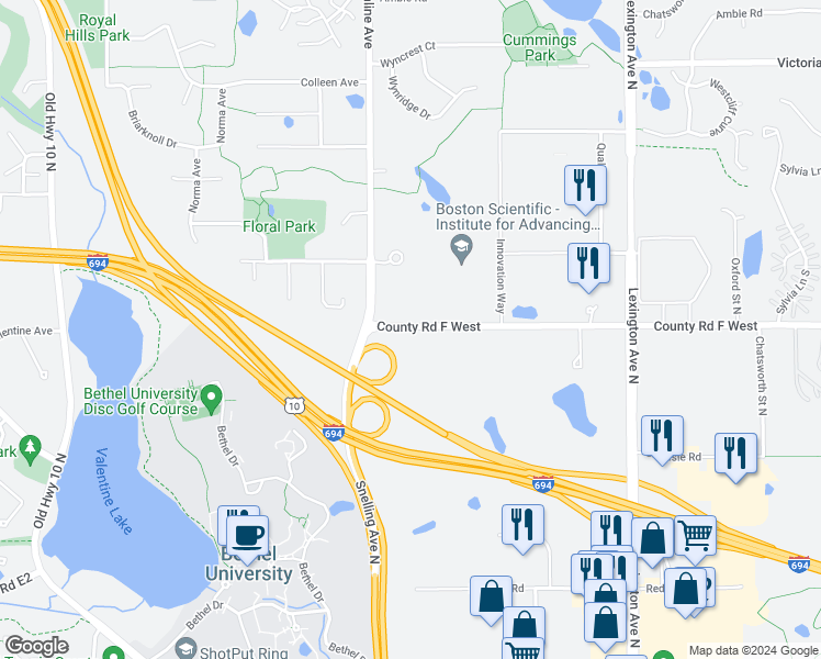 map of restaurants, bars, coffee shops, grocery stores, and more near 1296 County Road F West in Saint Paul