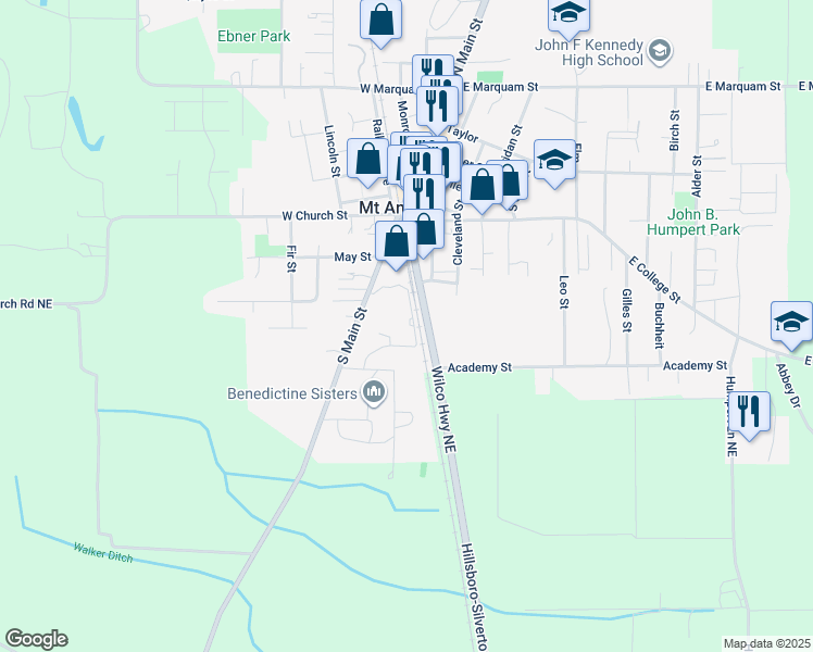 map of restaurants, bars, coffee shops, grocery stores, and more near Hillsboro-Silverton Highway in Mount Angel