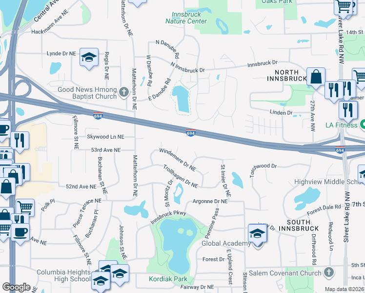 map of restaurants, bars, coffee shops, grocery stores, and more near 1489 Windemere Circle in Fridley